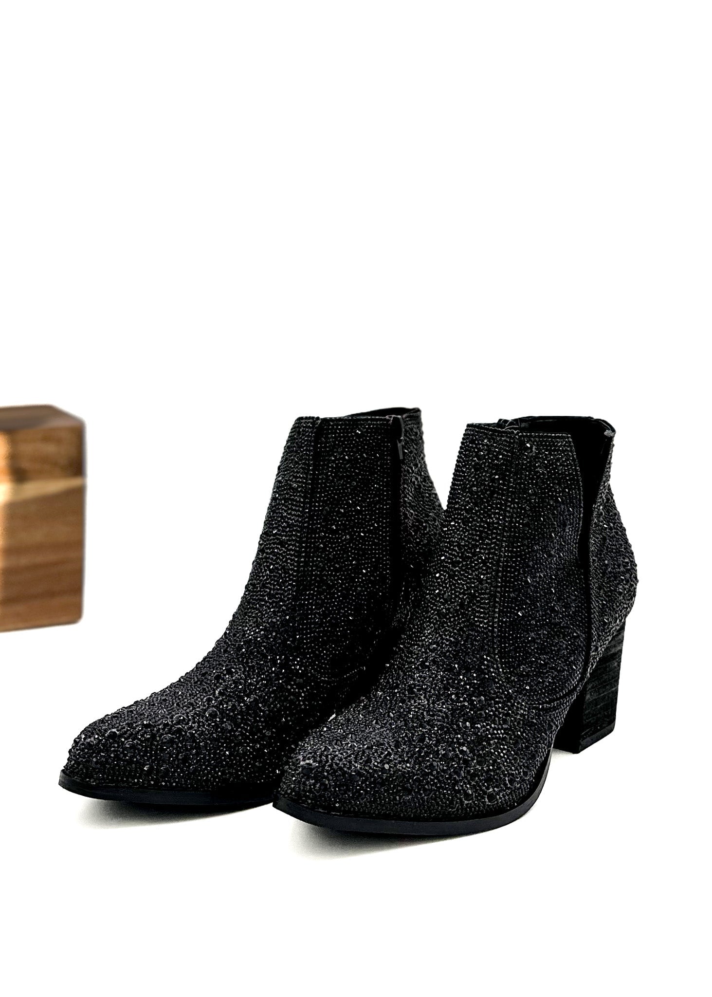Shine Star Rhinestone Bootie Black With Ankle Zip Closure Naughty Monkey